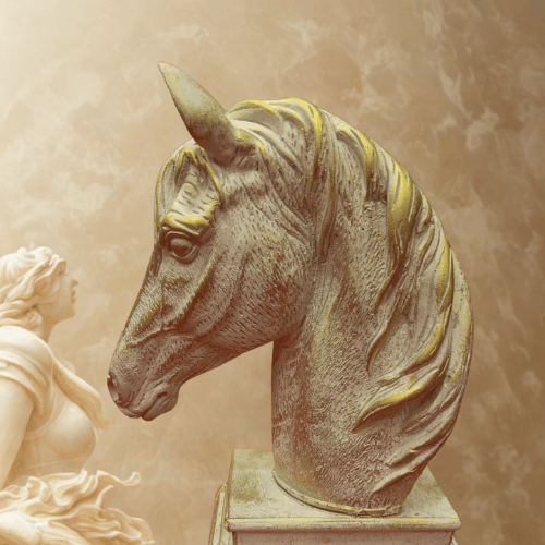 Vintage-Inspired Horse Head Sculpture on Ornate Pedestal