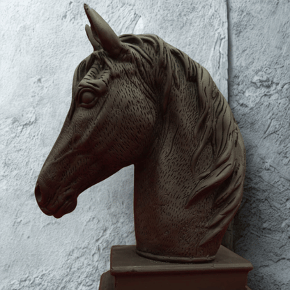 Vintage-Inspired Horse Head Sculpture on Ornate Pedestal